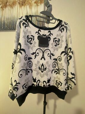 Andrew Marc Black and White Floral Scroll Knit Sweater